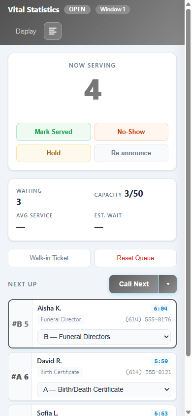 The console shown on a phone, with the same Now Serving number, buttons, and Next Up list stacked for a narrow screen.