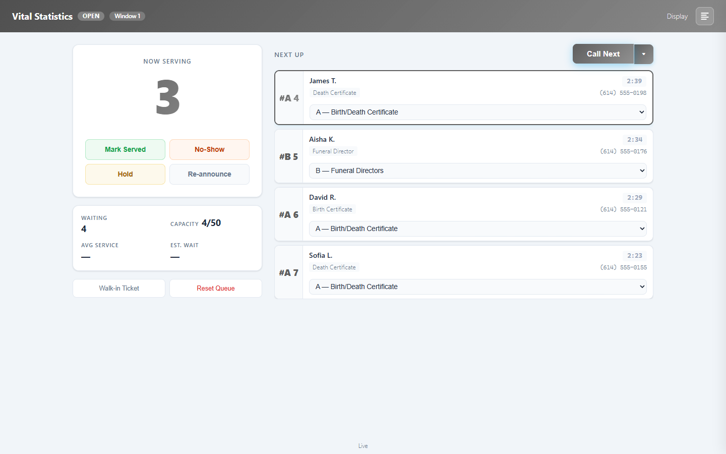 The TinyQ staff console: a Now Serving number on the left, a Next Up waiting list on the right, and action buttons.