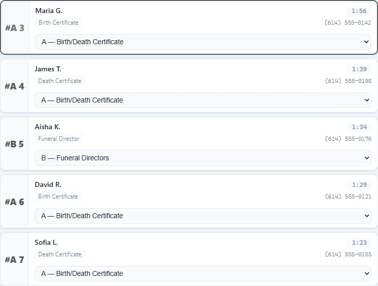 The Next Up waiting list showing people in order, each with a wait timer.
