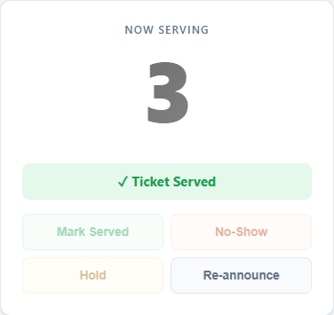 A green checkmark Ticket Served confirmation shown on the Now Serving card after marking a customer served.