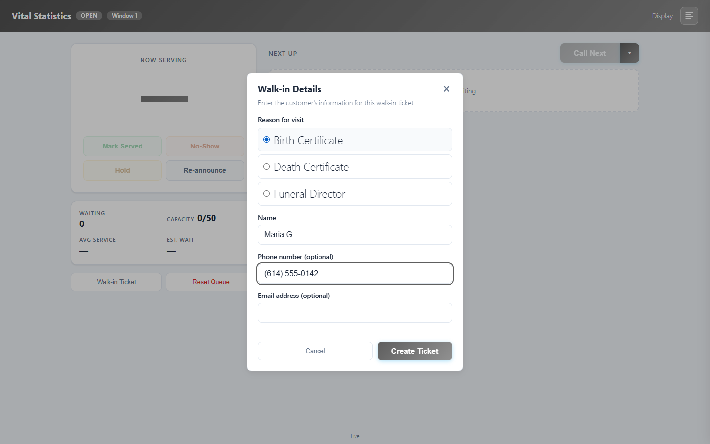 The Walk-in Details form filled in with a name, phone number, email, and reason, ready to create the ticket.