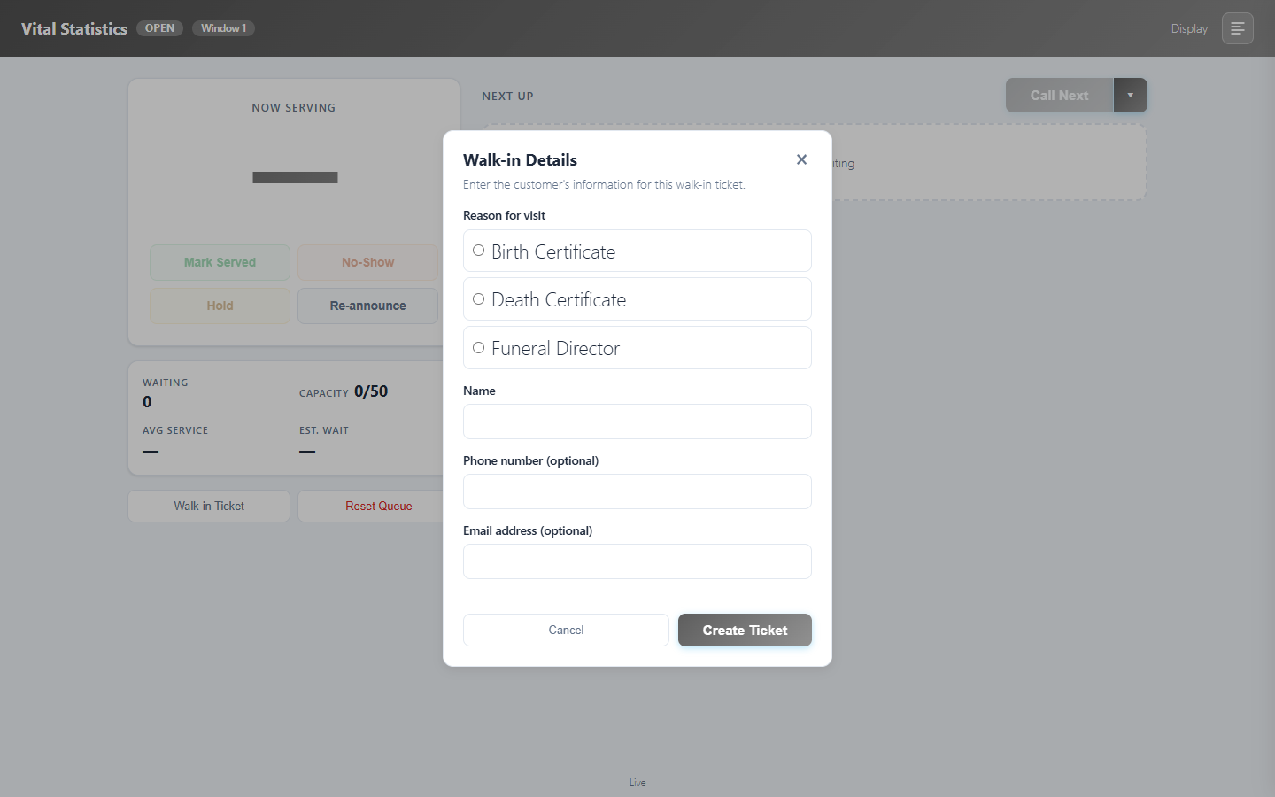 The Walk-in Details form with empty fields for name, phone, email, and reason for visit.